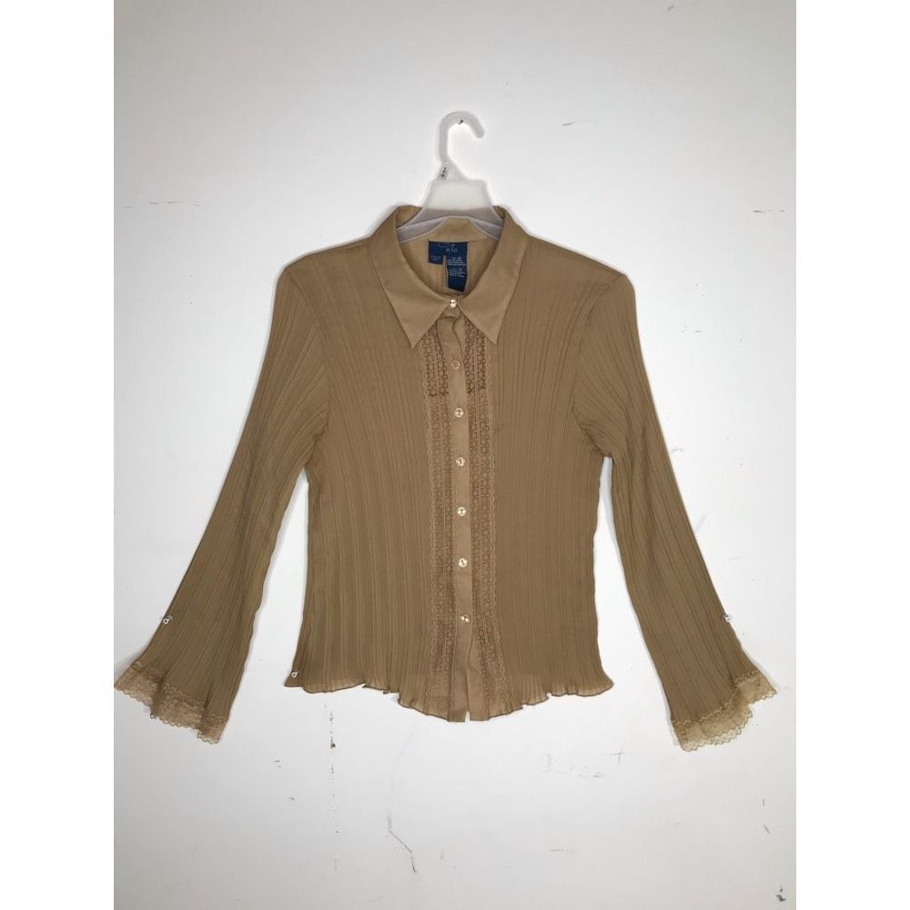 Rag Womens Blouse Beige Long Sleeve Bell Collar Ribbed Lace Rayon Career Plus 2X